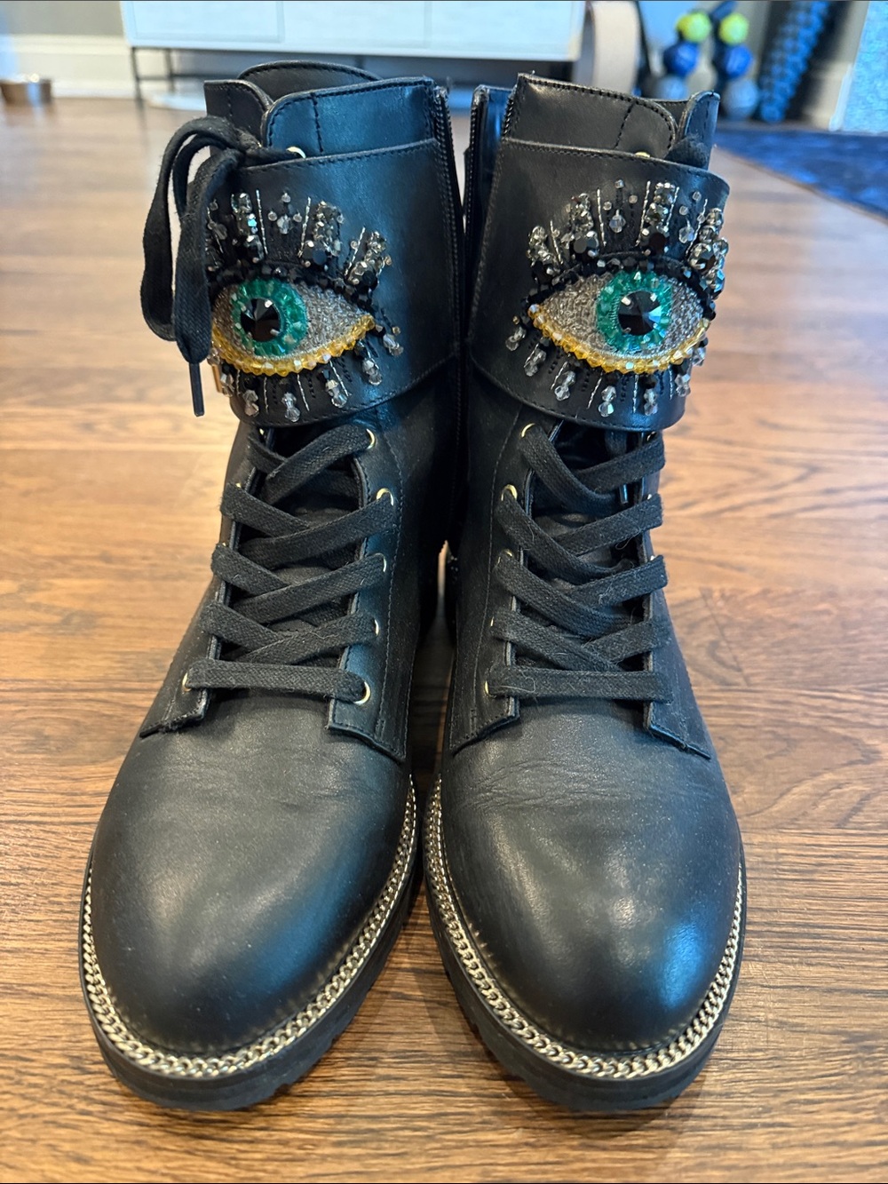 Kurt Geiger Black Combat Boots with Bejeweled Eye Detail